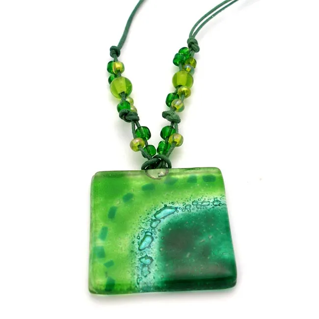 Emerald Sun Translucent Square Fused Glass Pendant Necklace