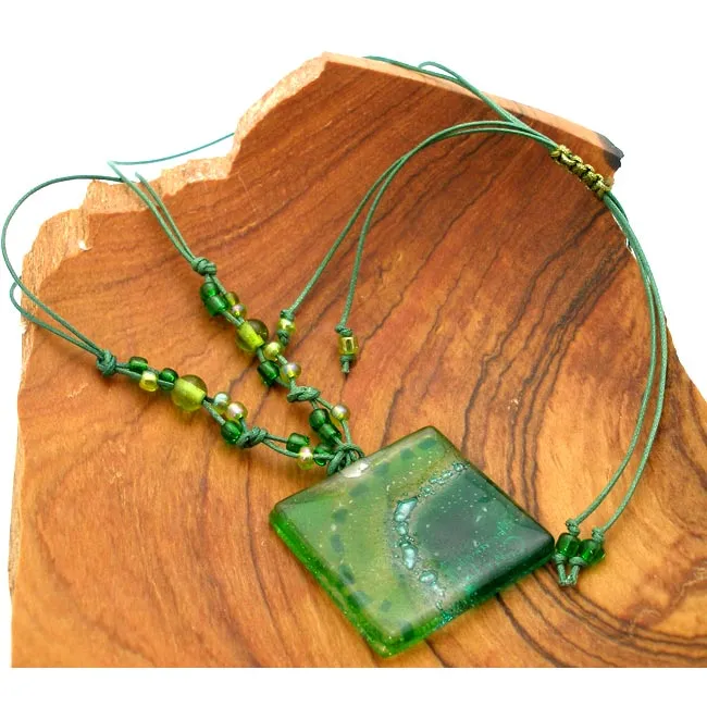 Emerald Sun Translucent Square Fused Glass Pendant Necklace