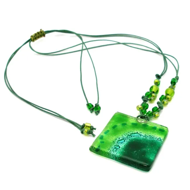 Emerald Sun Translucent Square Fused Glass Pendant Necklace