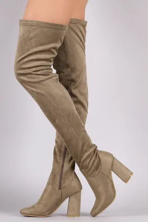 Fitted Suede Block Heeled Over-The-Knee Boots