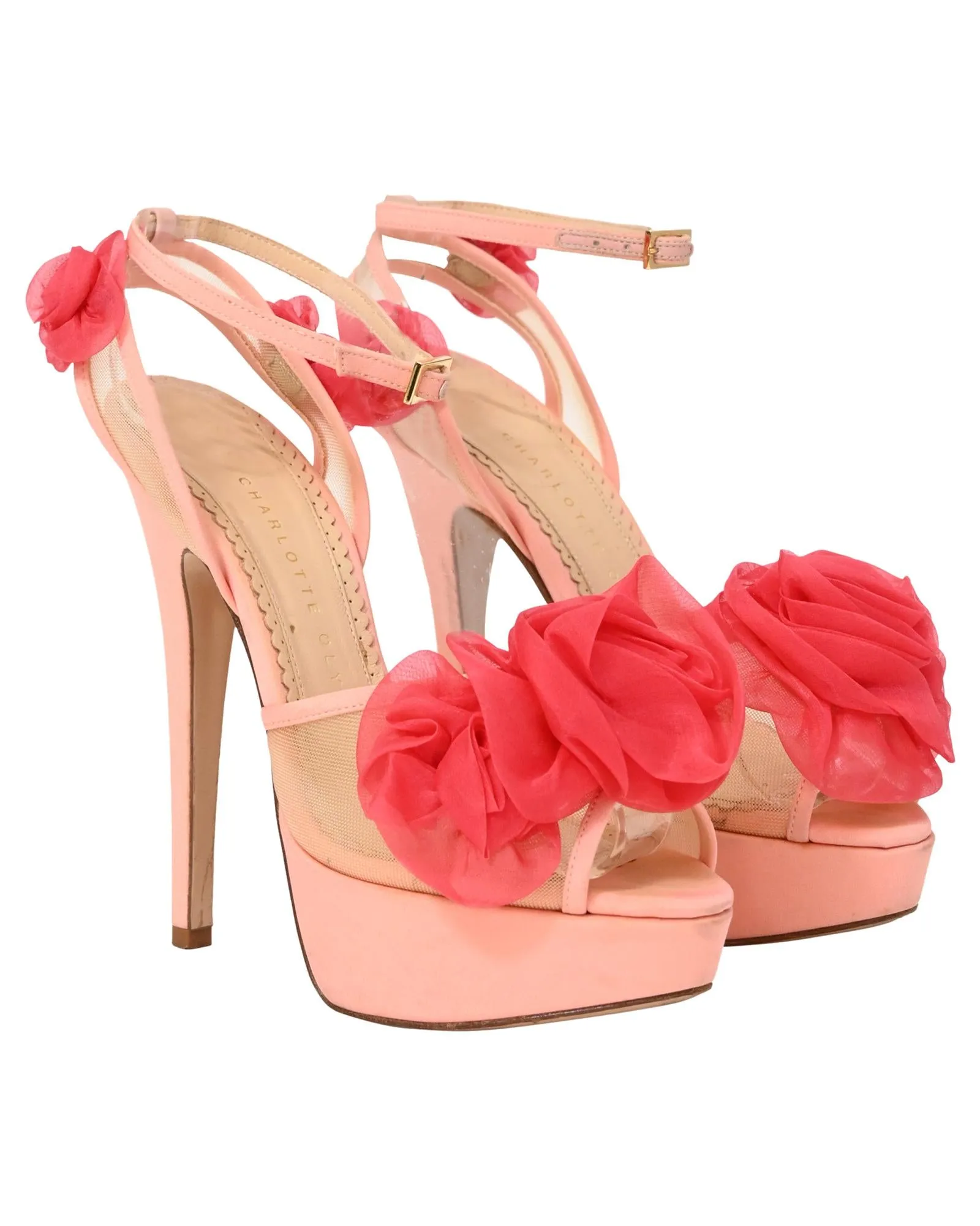 Fleur Ankle-Wrap Platform Satin Sandals with Flower Appliques