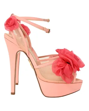 Fleur Ankle-Wrap Platform Satin Sandals with Flower Appliques