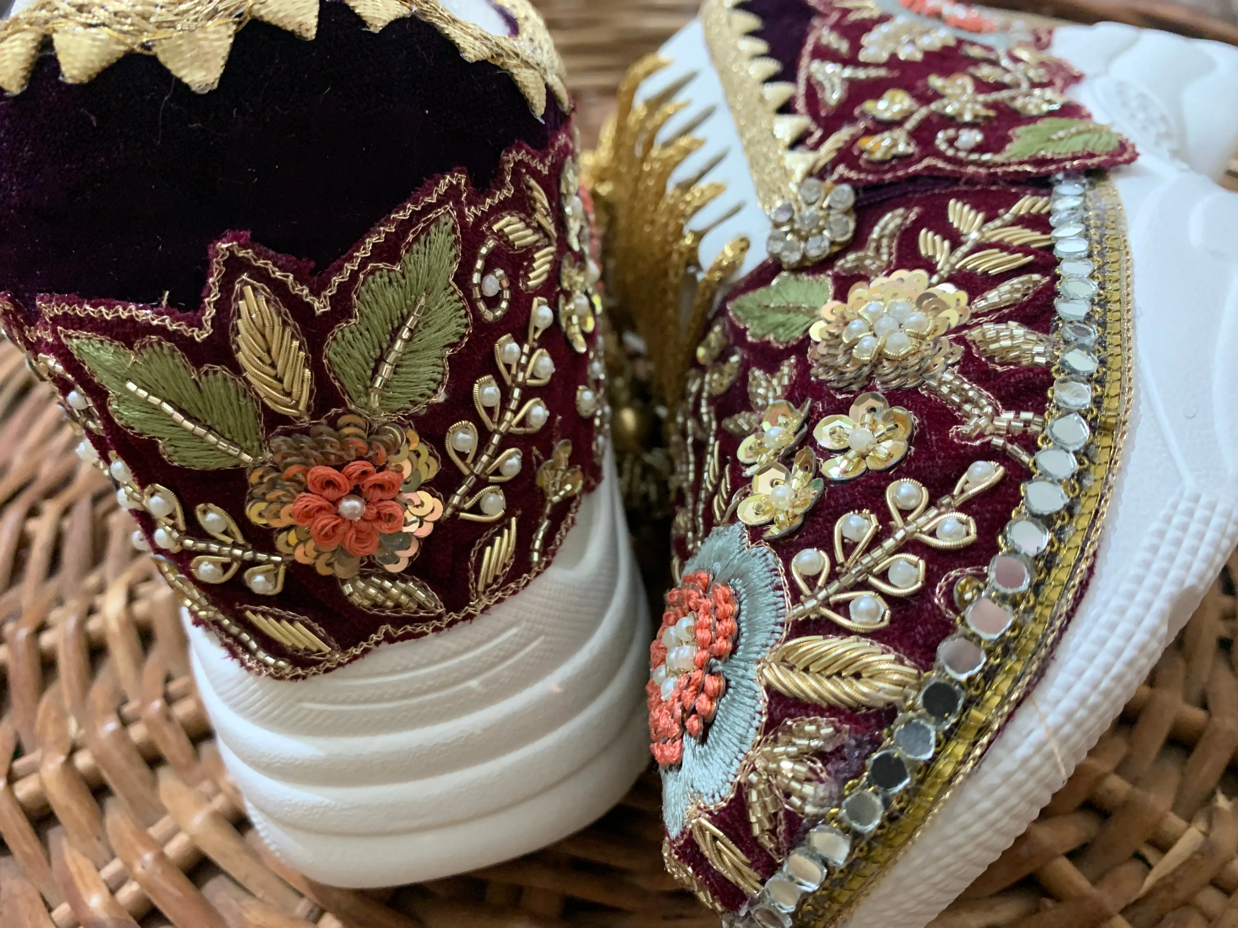 FUNKY N TRENDY maroon wine intricate hand embroidered sneakers for brides /bridesmaids / sneakers for bridesmaids/ handcrafted sneakers/ sequine sneakers / bridal sneakers / bridesmaid sneakers/ maroon sneakers /embroidered shoes/ zardozi sneakers