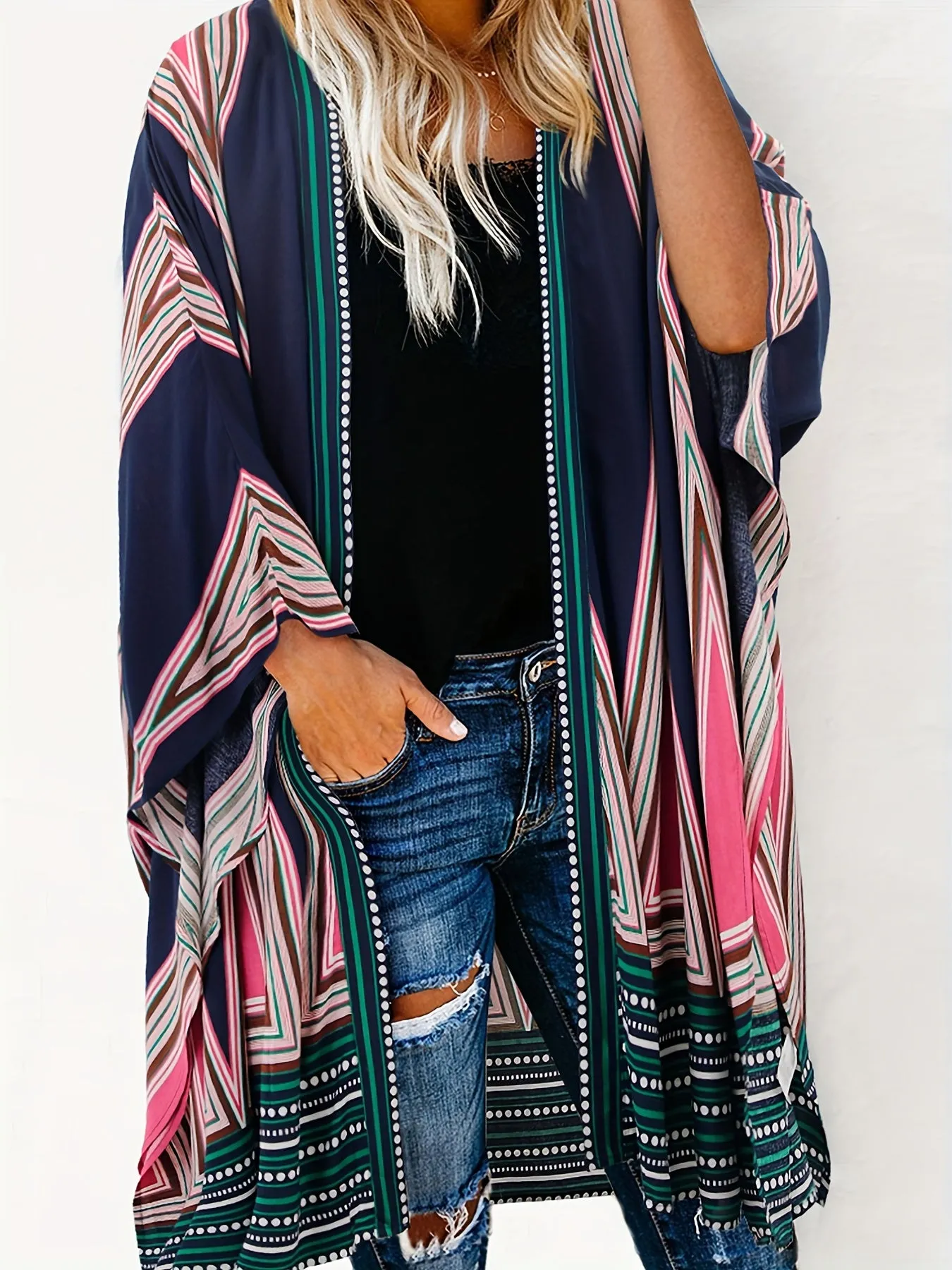 Geo Print Batwing Sleeve Kimono - Dramatic Chic Coverup with Open Front Design - Stylish Womens Casual Clothing for Everyday Wear