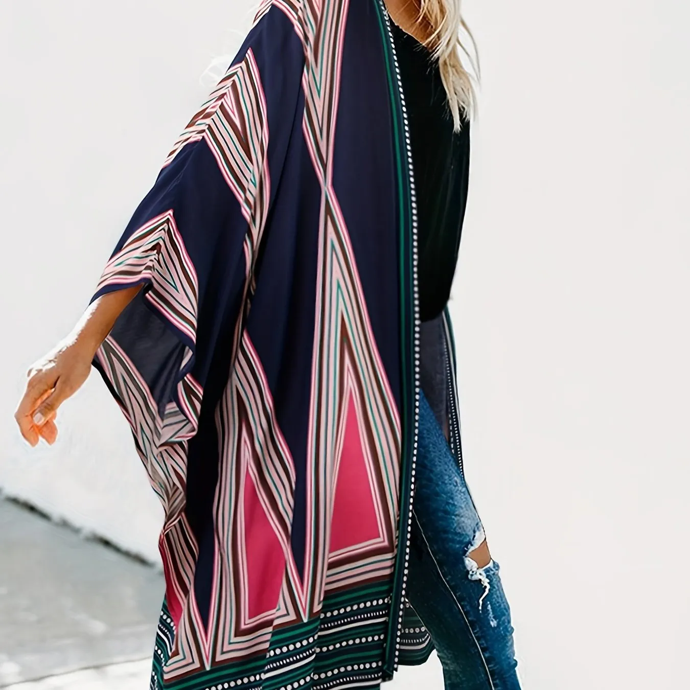 Geo Print Batwing Sleeve Kimono - Dramatic Chic Coverup with Open Front Design - Stylish Womens Casual Clothing for Everyday Wear