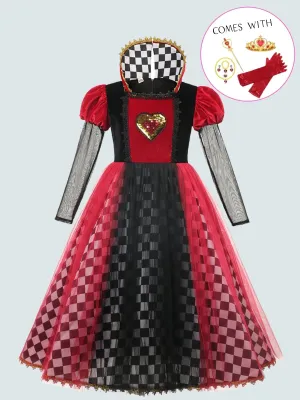 Girls Alice in Wonderland Queen of Hearts Inspired Costume with Jewelry, Crown, Wand and Gloves Set