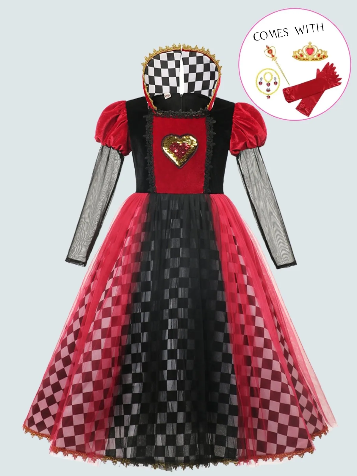 Girls Alice in Wonderland Queen of Hearts Inspired Costume with Jewelry, Crown, Wand and Gloves Set