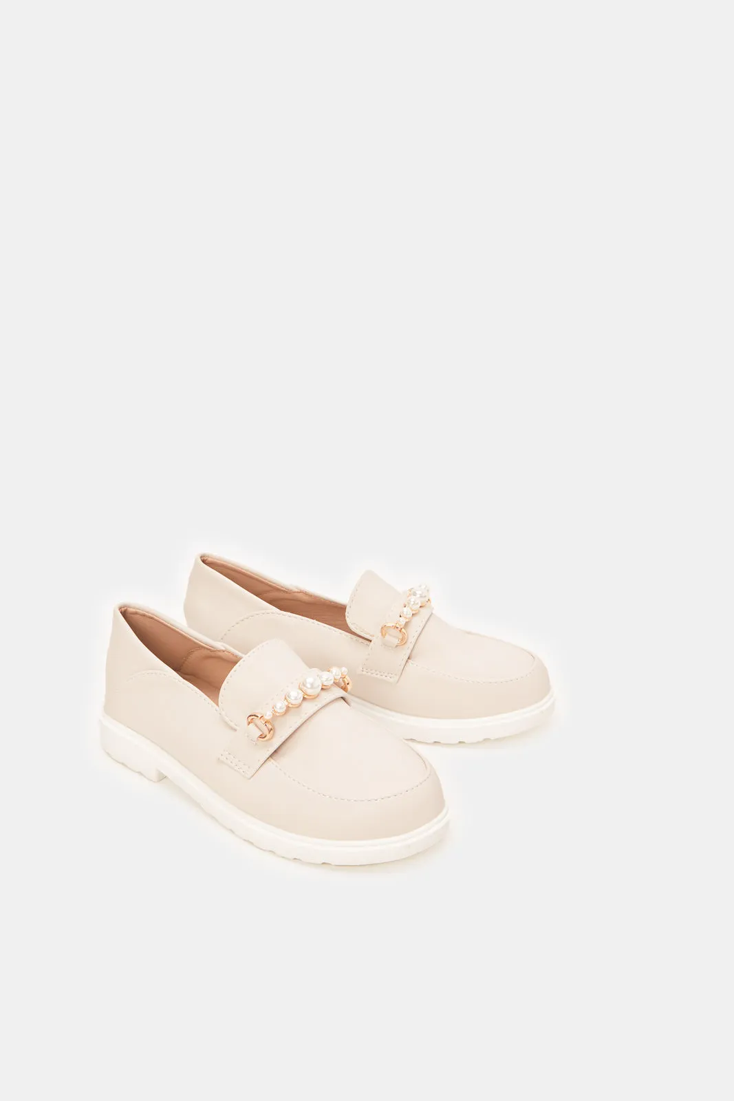 Girls Beige Pearl Slip-On Shoes