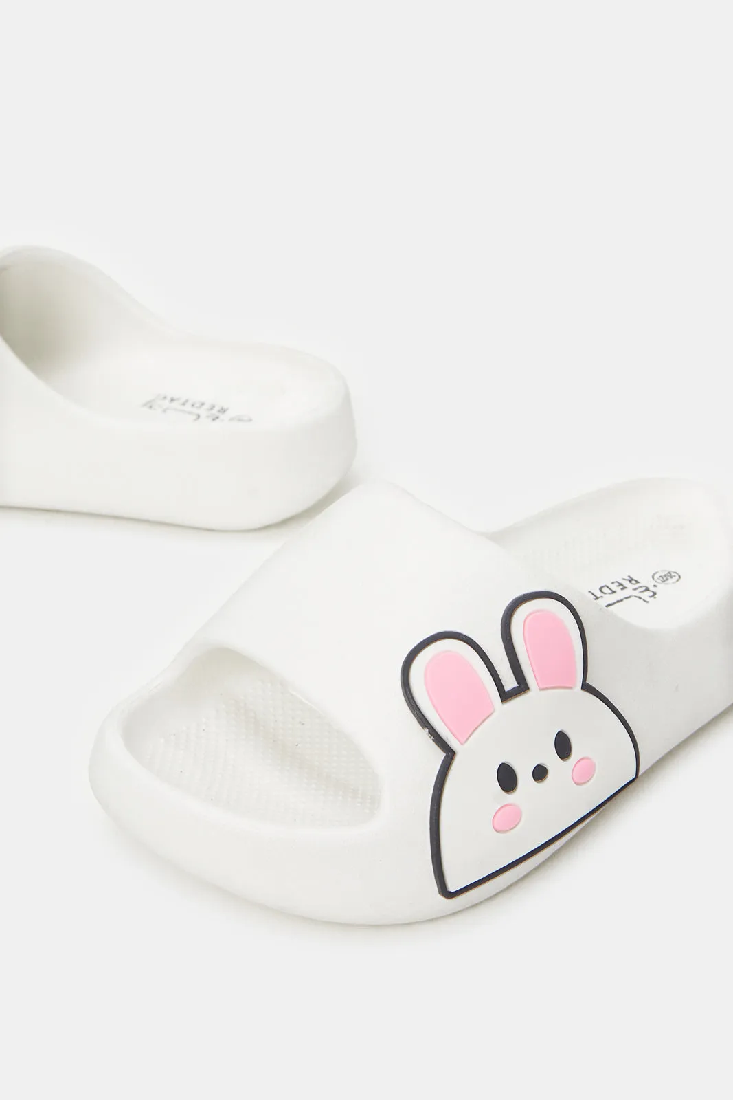 Girls White Bunny Trim Slides