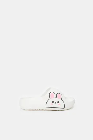 Girls White Bunny Trim Slides