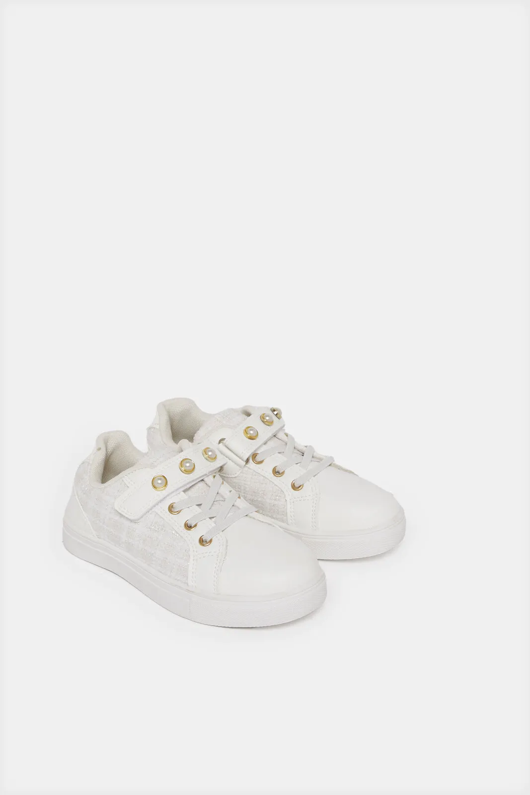 Girls White Pearl Velcro Sneaker