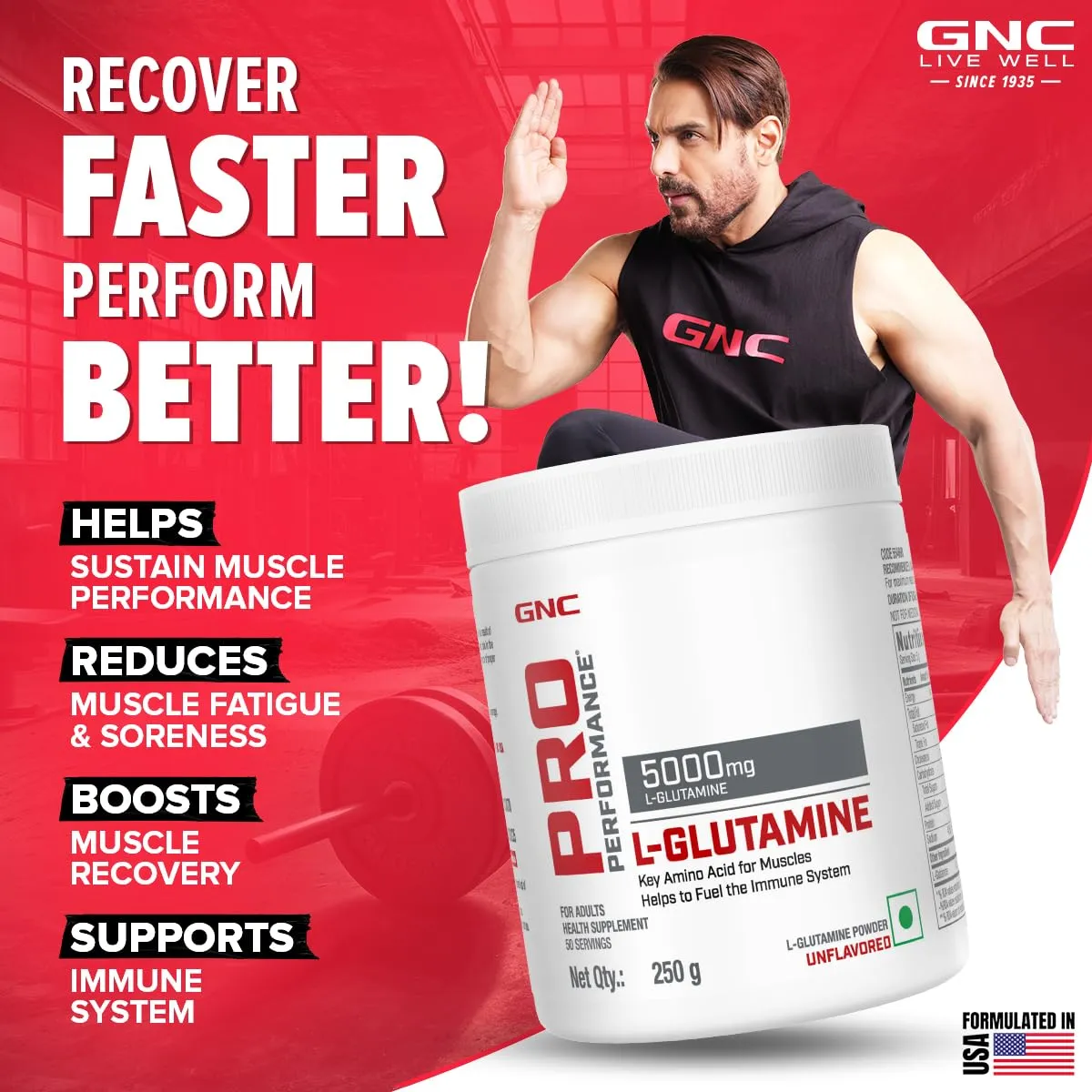 GNC Pro Performance L-Glutamine 5000 mg | 250 gm | 50 Servings | Key Amino Acid For Faster Recovery | Boosts Immunity | Supports Intestinal Function | Lactose Free | Zero Gluten | Unflavoured