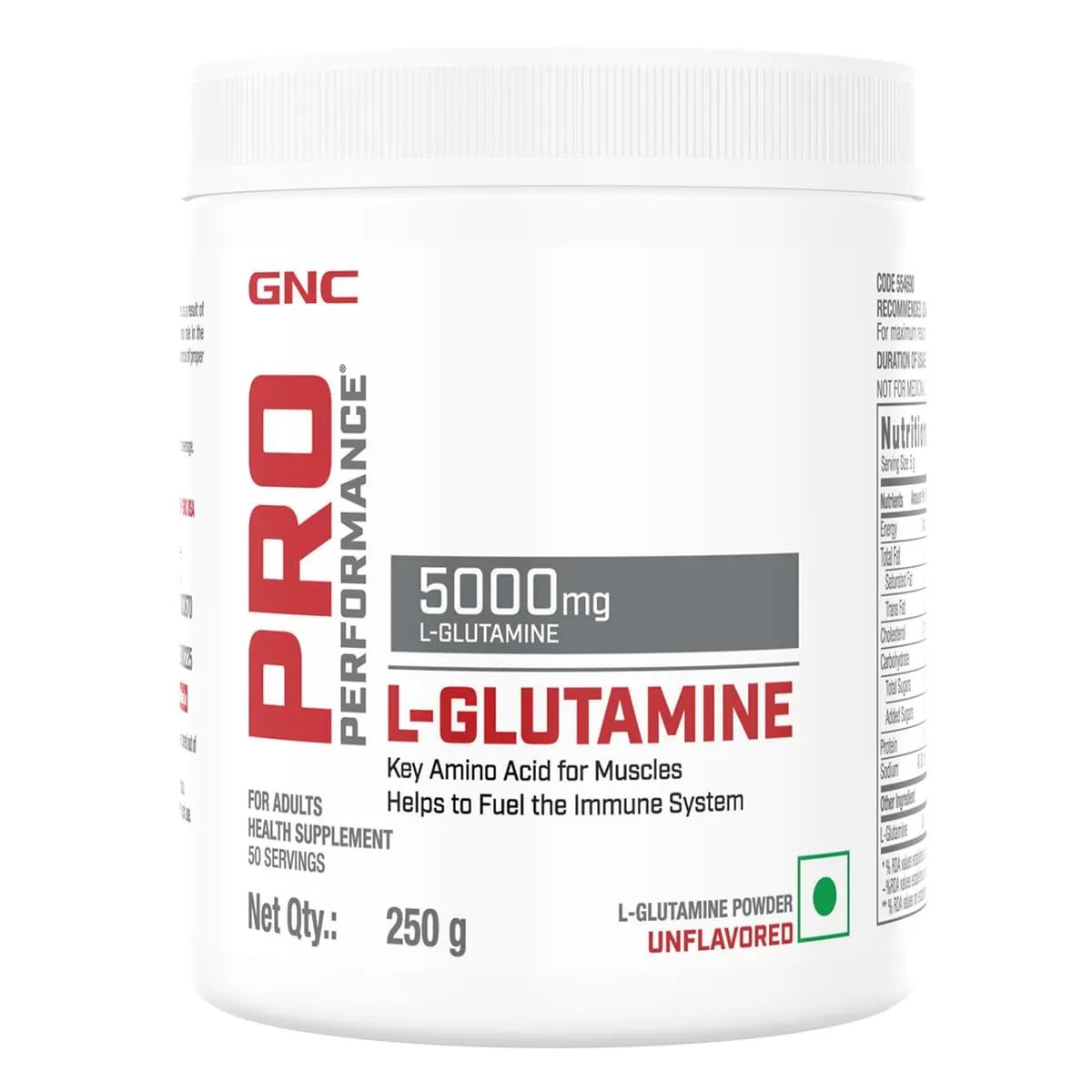 GNC Pro Performance L-Glutamine 5000 mg | 250 gm | 50 Servings | Key Amino Acid For Faster Recovery | Boosts Immunity | Supports Intestinal Function | Lactose Free | Zero Gluten | Unflavoured