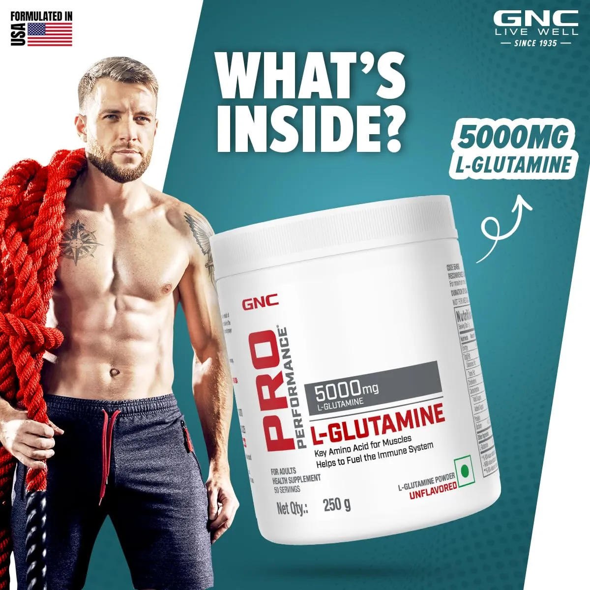 GNC Pro Performance L-Glutamine 5000 mg | 250 gm | 50 Servings | Key Amino Acid For Faster Recovery | Boosts Immunity | Supports Intestinal Function | Lactose Free | Zero Gluten | Unflavoured