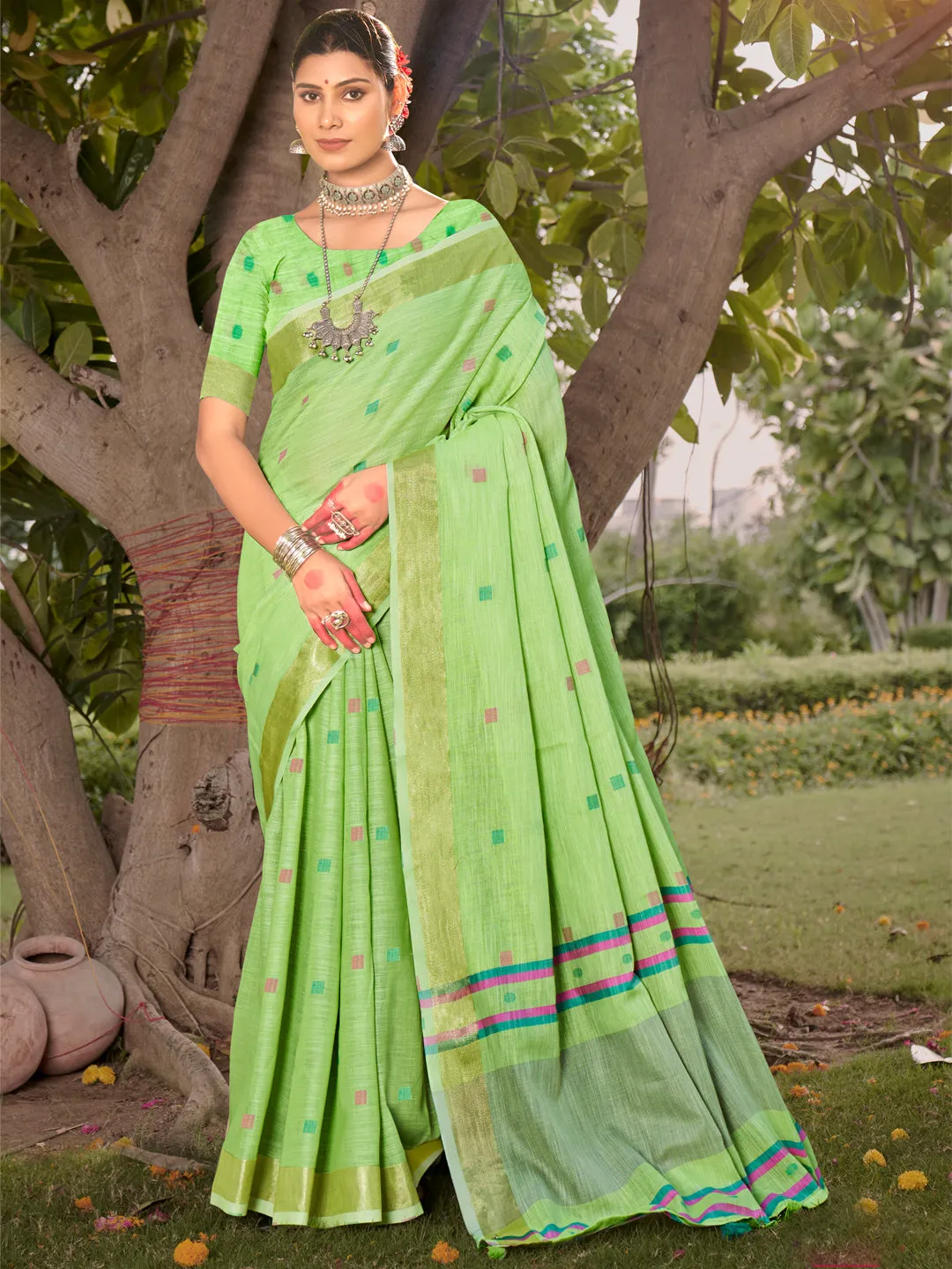 Green Cotton Woven Work Party Wear Saree - Sangam Prints