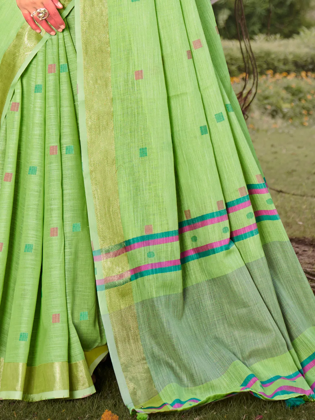 Green Cotton Woven Work Party Wear Saree - Sangam Prints