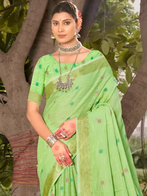 Green Cotton Woven Work Party Wear Saree - Sangam Prints