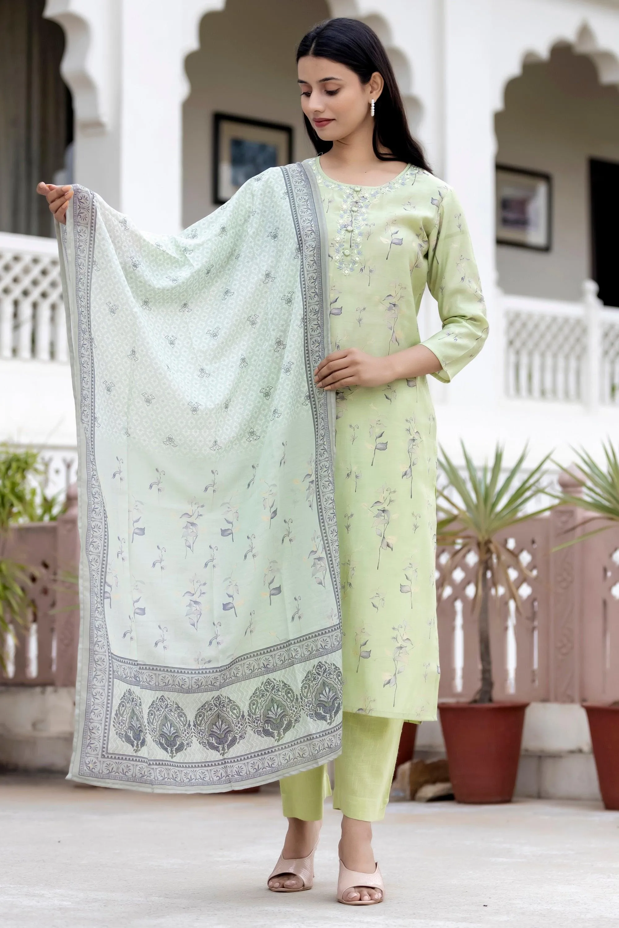 Green Floral Printed Modal Silk Kurta Pant And Dupatta Set