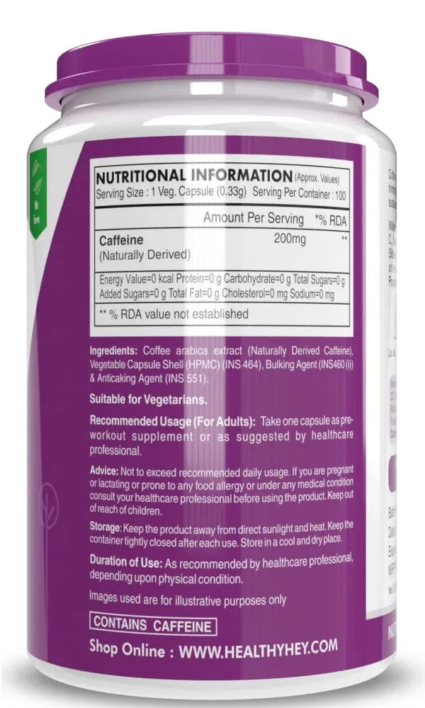 HealthyHey Nutrition Caffeine Capsules - 100 Veg Capsules (Pack of 1)