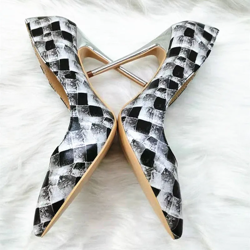 High Heels with black-and-white plaid pattern Fashion Women Party Shoes