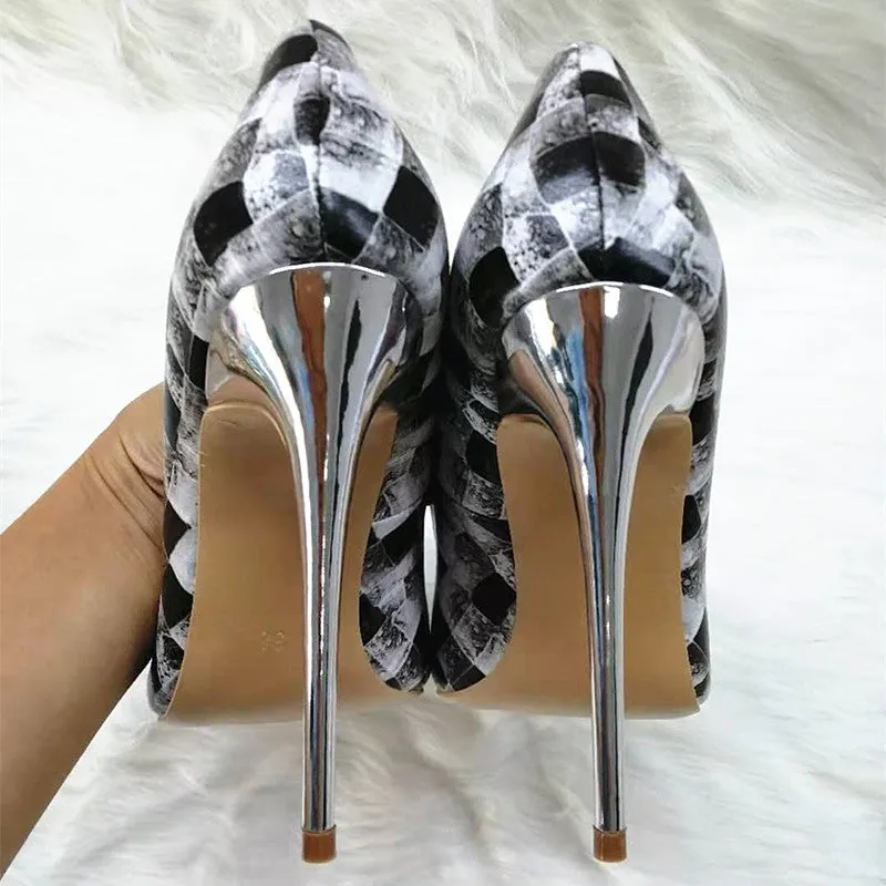 High Heels with black-and-white plaid pattern Fashion Women Party Shoes