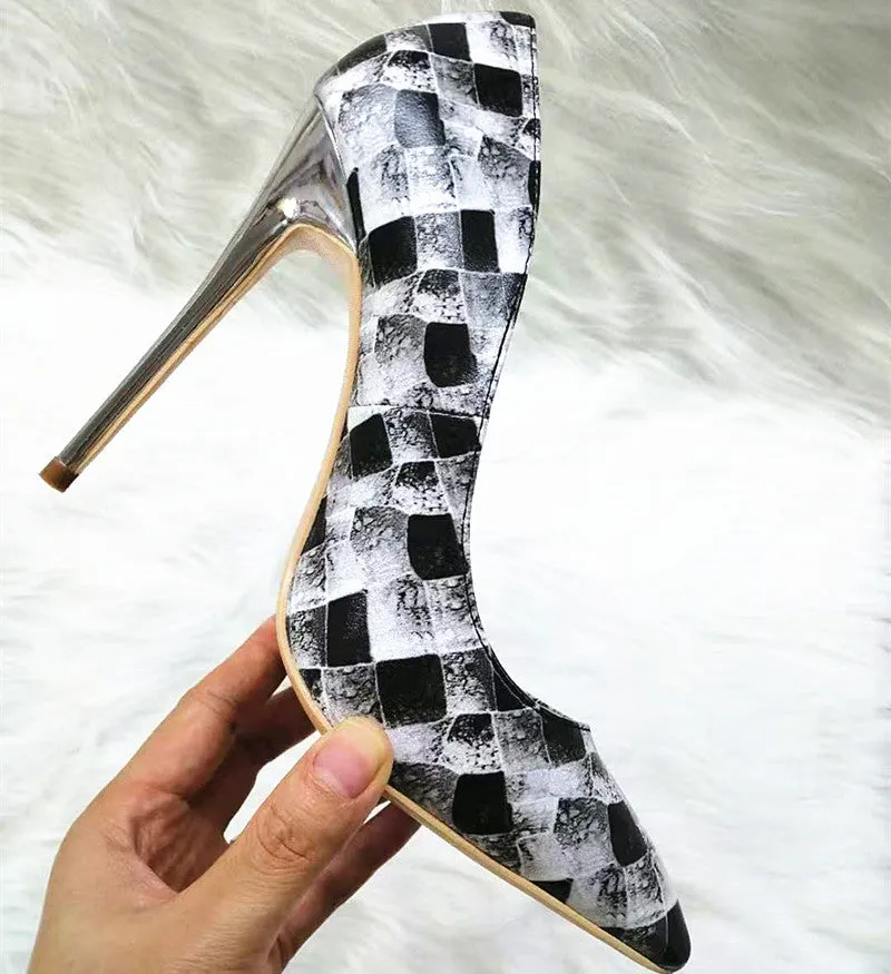 High Heels with black-and-white plaid pattern Fashion Women Party Shoes