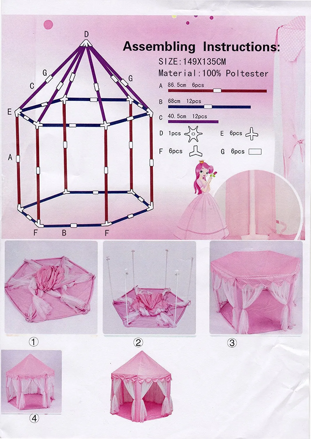 Large Indoor and Outdoor Kids Play House Pink Hexagon Princess Castle Tent Child