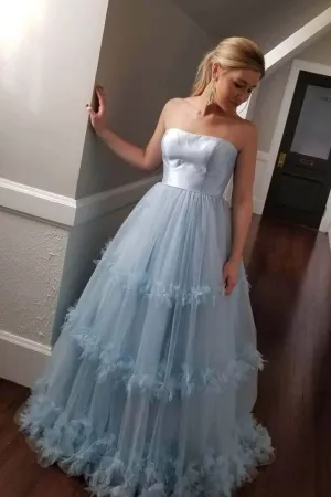 Light Blue Strapless Tulle Prom Dress, Long Formal Gown UQP0074