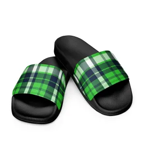 Lime Green and Navy Blue Preppy Surfer Plaid Men’s Slides Sandals