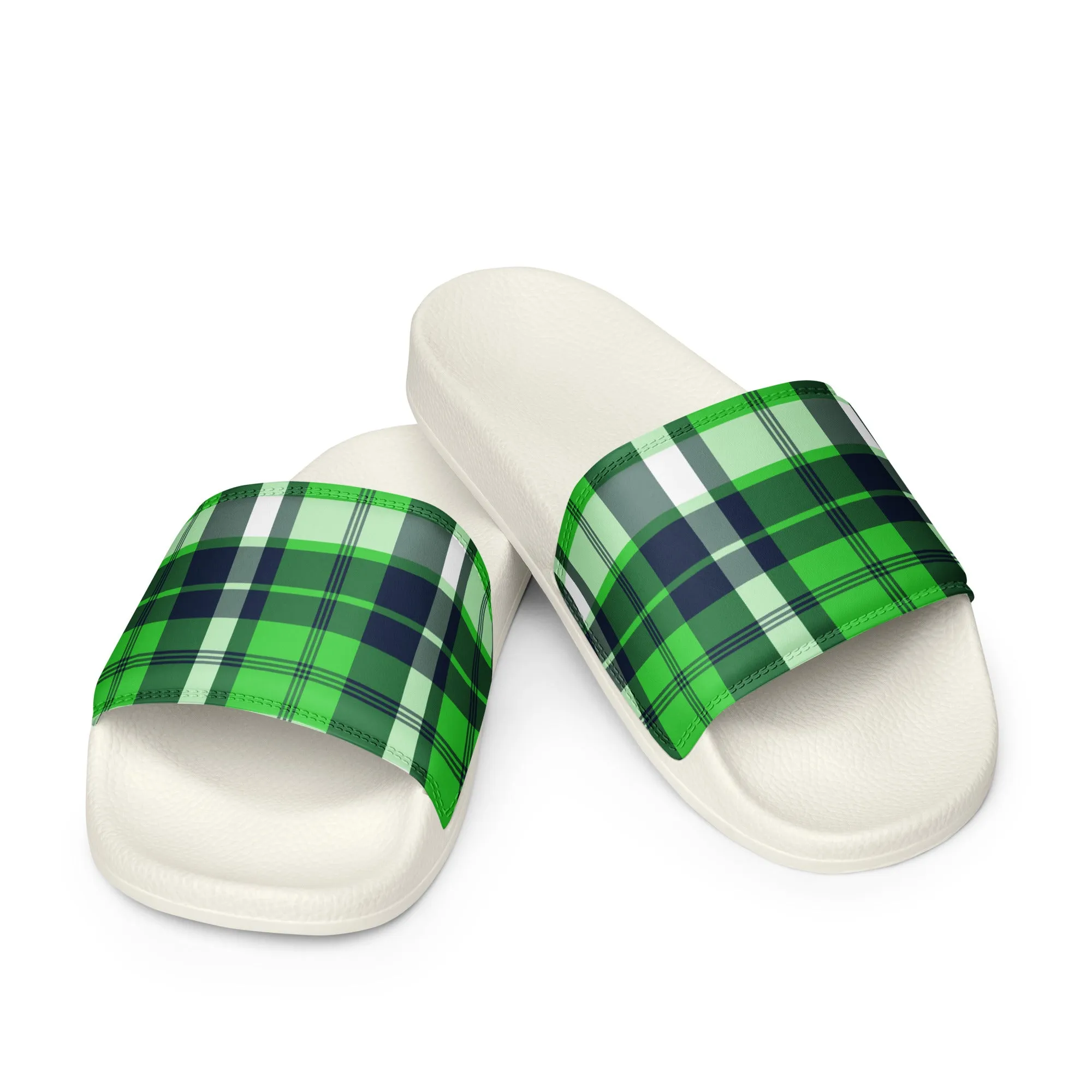 Lime Green and Navy Blue Preppy Surfer Plaid Men’s Slides Sandals