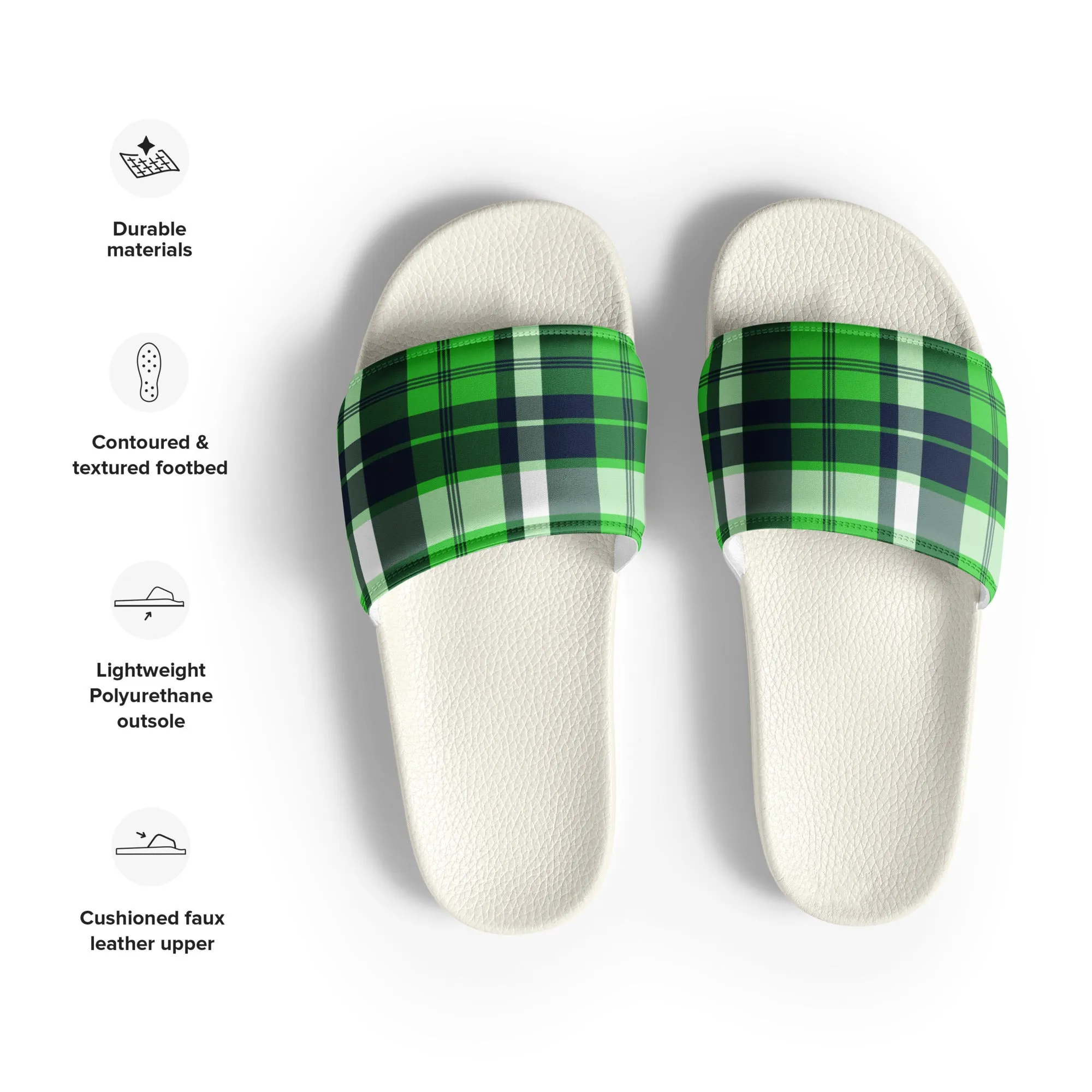 Lime Green and Navy Blue Preppy Surfer Plaid Men’s Slides Sandals