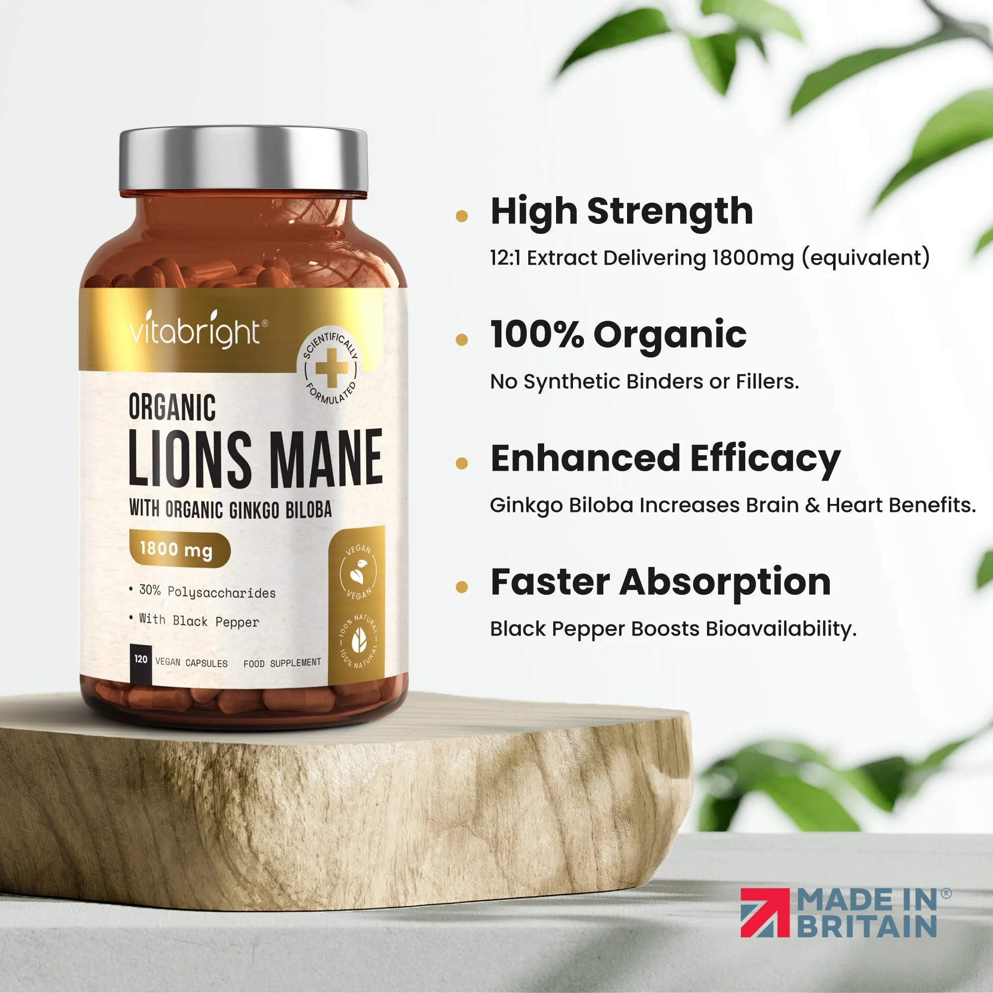 Lions Mane Extract Mushroom 120 x 1800 mg of 12:1 extract Organic Capsules