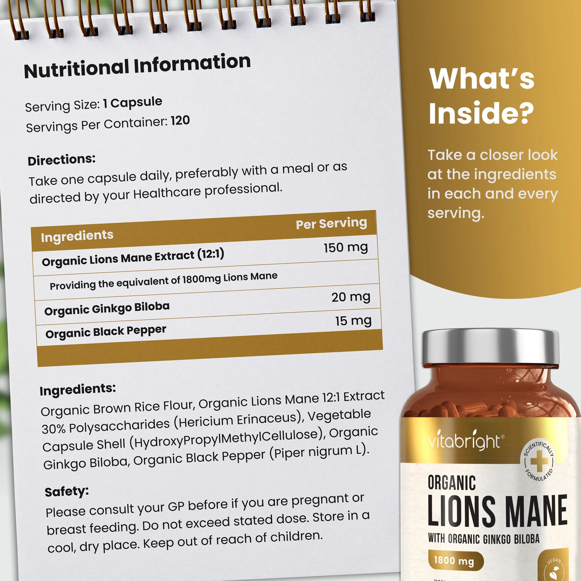 Lions Mane Extract Mushroom  1800 mg of 12:1 extract - 120 x Organic Capsules