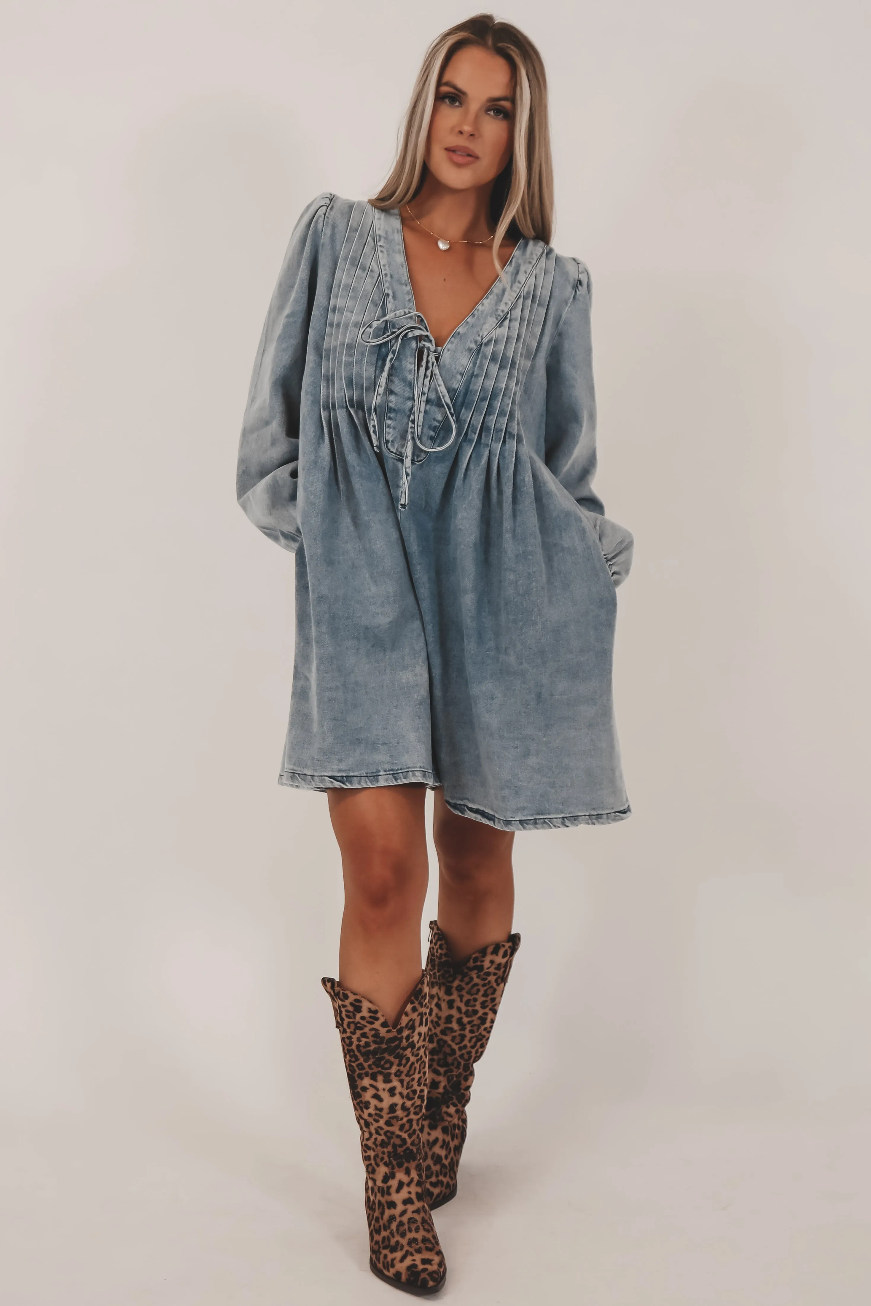 Living For This Look Long Sleeve Denim Romper Dress