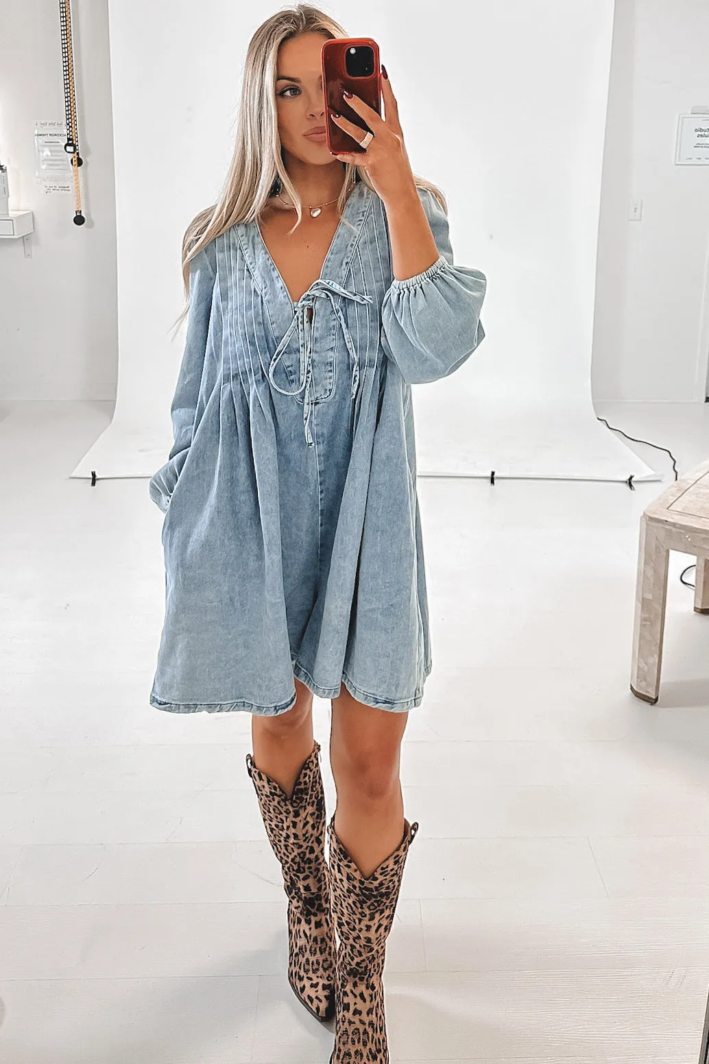 Living For This Look Long Sleeve Denim Romper Dress