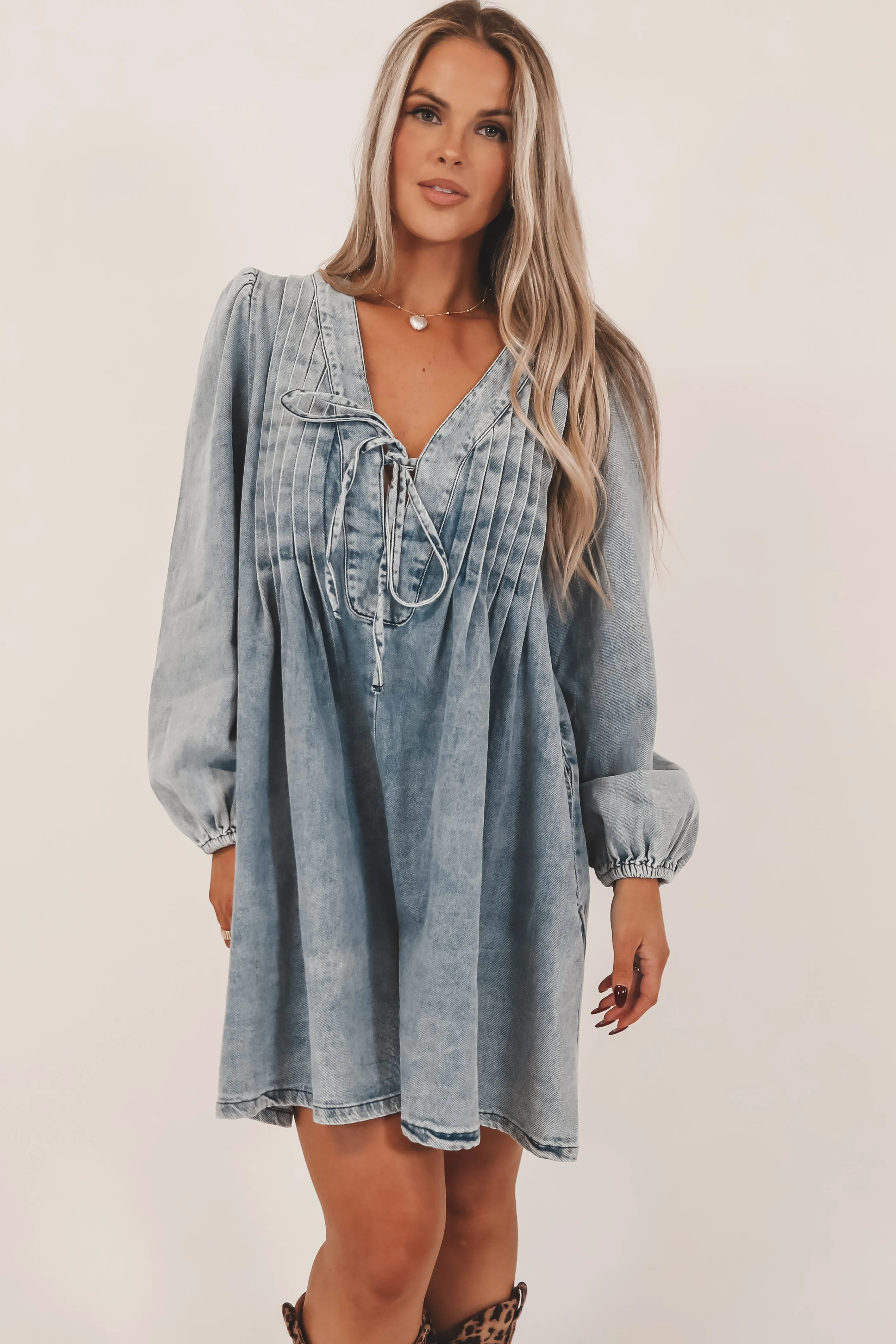 Living For This Look Long Sleeve Denim Romper Dress