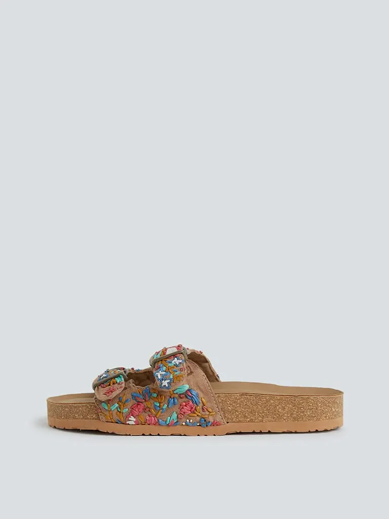 LUNA BLU Beige Floral-Embroidered Artisanal Slides