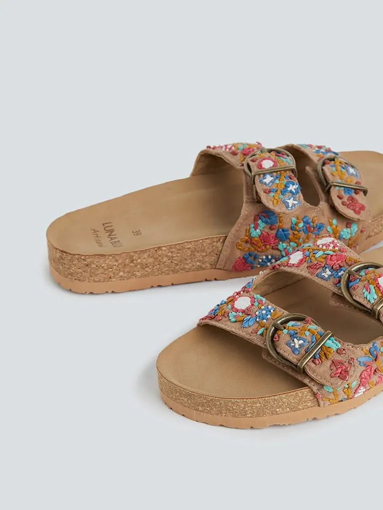 LUNA BLU Beige Floral-Embroidered Artisanal Slides