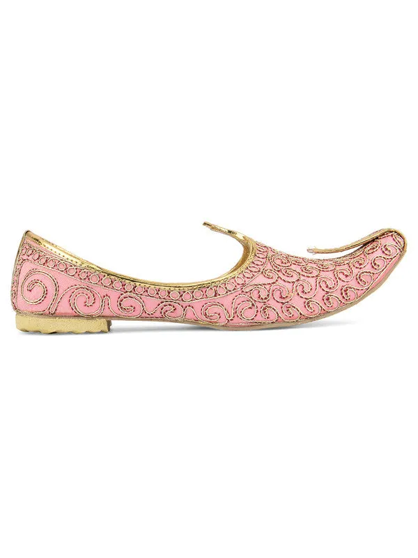 Men's Indian Ethnic Party Wear Pink Embroidered Footwear - Desi Colour