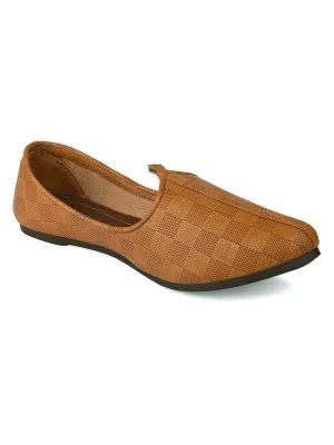 Men's Indian Ethnic Party Wear Textured Tan Footwear - Desi Colour