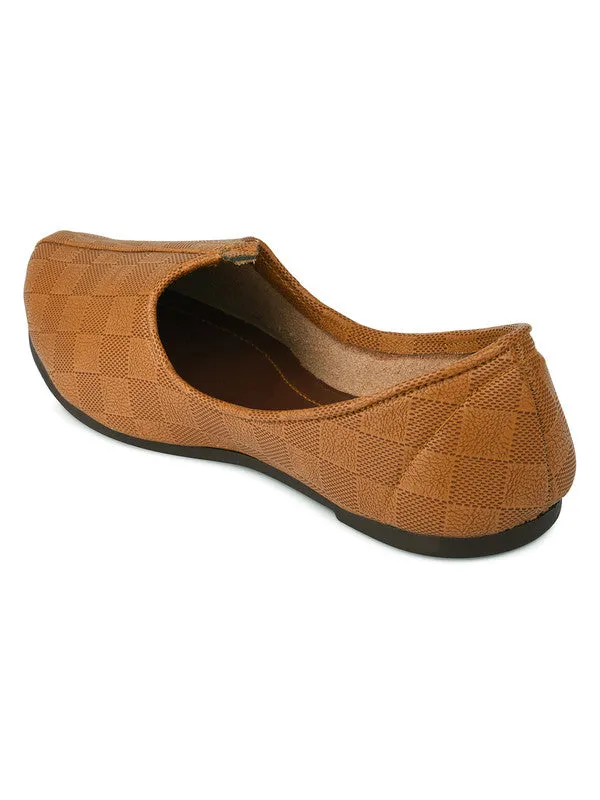 Men's Indian Ethnic Party Wear Textured Tan Footwear - Desi Colour