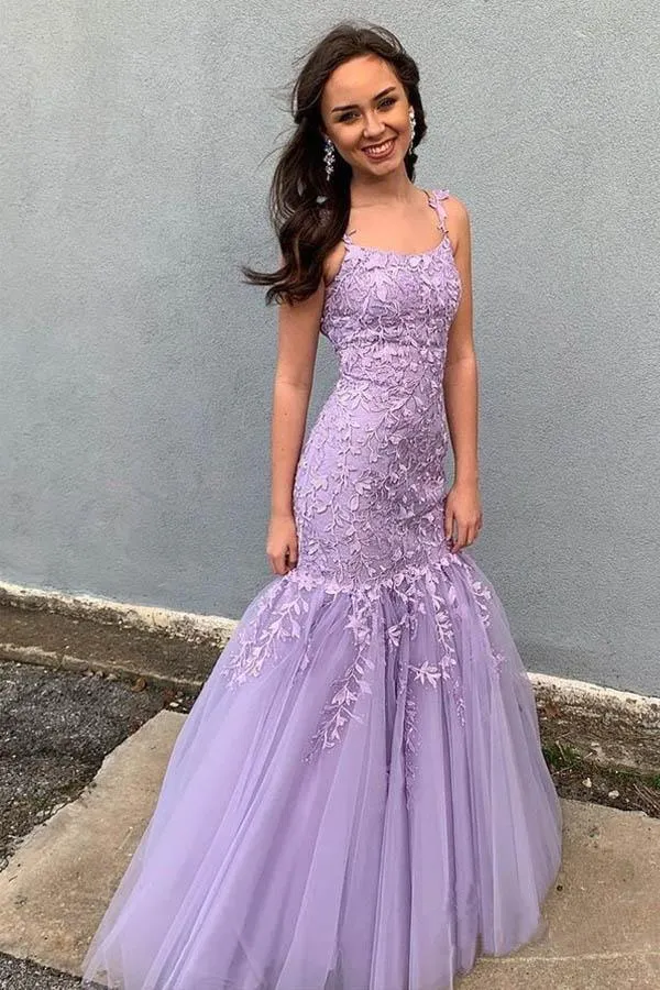 Mermaid Spaghetti Straps Floor Length Lilac Prom Dress With Appliques PSK137