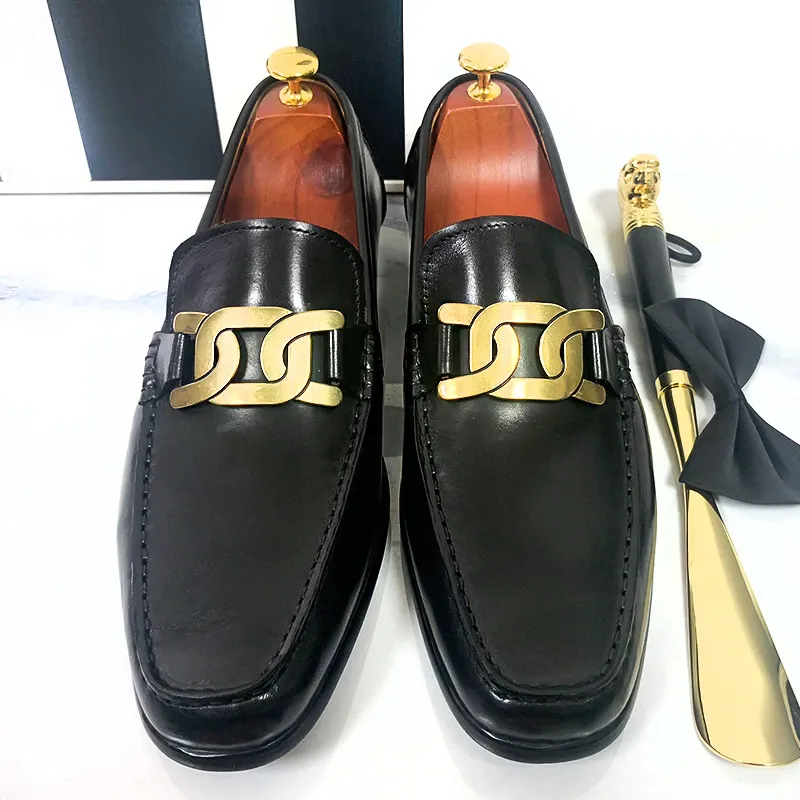 Metal Link Deco Slip-On Leather Loafer Shoes