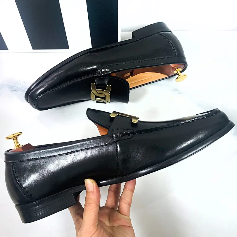 Metal Link Deco Slip-On Leather Loafer Shoes