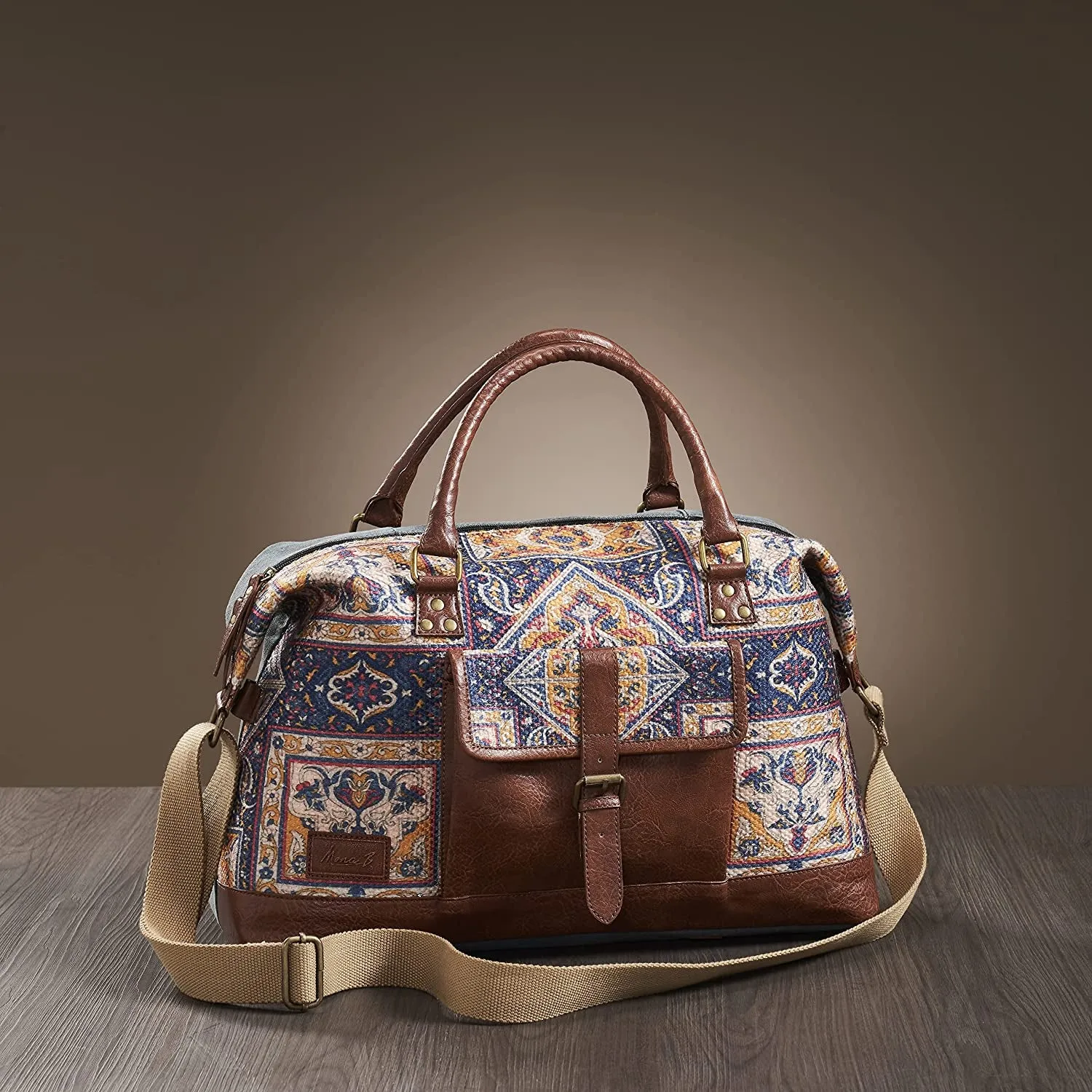 Mona B Large Kilim Inspired Duffel Gym Travel and Sports Bag with Outside Pocket and Stylish Design for Women: Chocolate