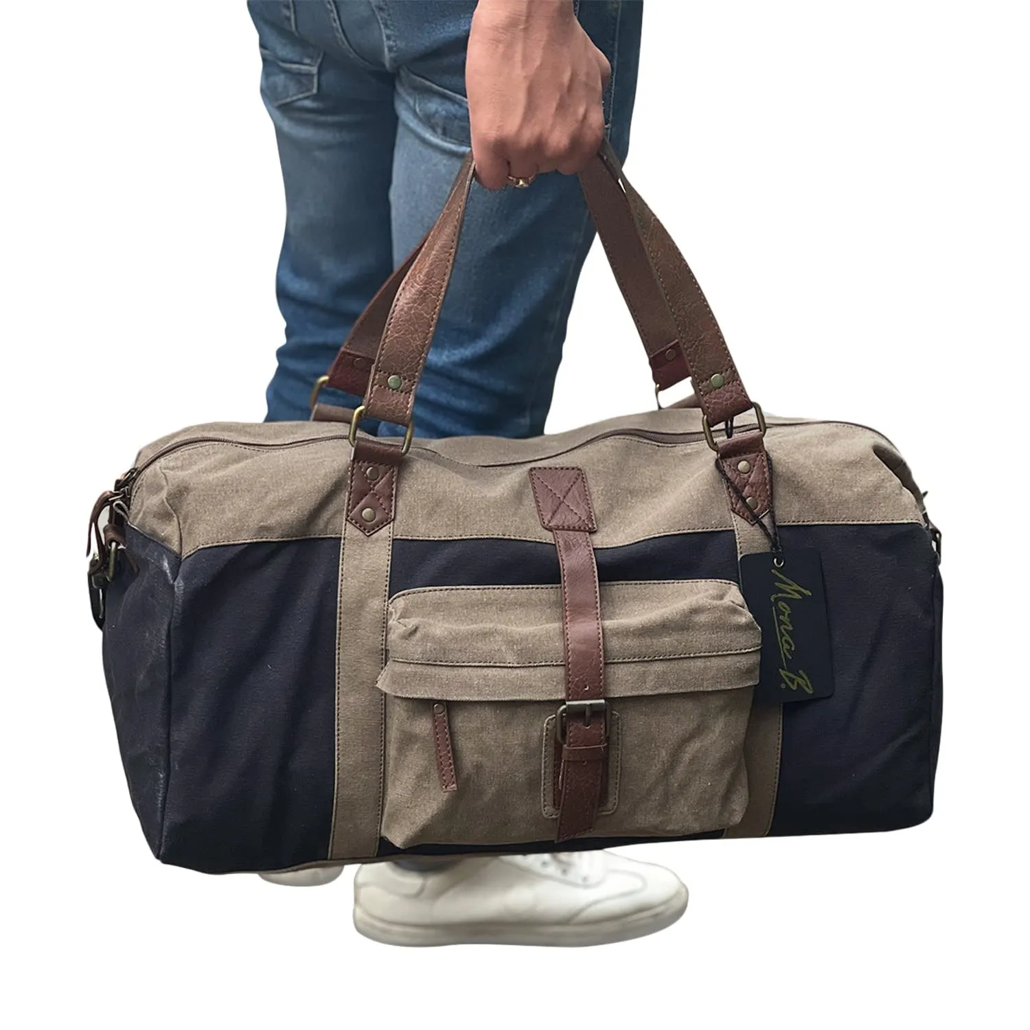 Mona B Sebastian 100% Cotton Canvas Duffel Gym Travel and Sports Bag with Outside Zippered Pocket and Stylish Design for Men and Women: Navy