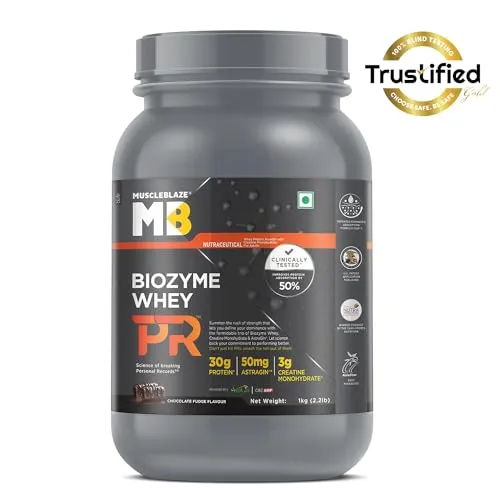 MuscleBlaze Biozyme Whey Protein PR (Chocolate Fudge, 1kg / 2.2lbs) with 30g Protein, 3g Creatine Monohydrate & 50mg AstraGin® | Trustified Gold Certified