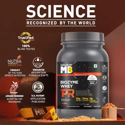 MuscleBlaze Biozyme Whey Protein PR (Chocolate Fudge, 1kg / 2.2lbs) with 30g Protein, 3g Creatine Monohydrate & 50mg AstraGin® | Trustified Gold Certified