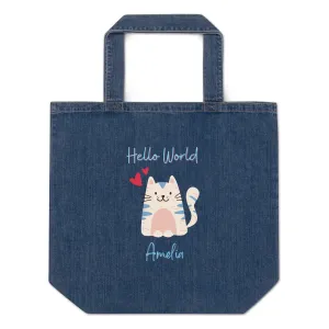 Organic denim tote bag, Hello World