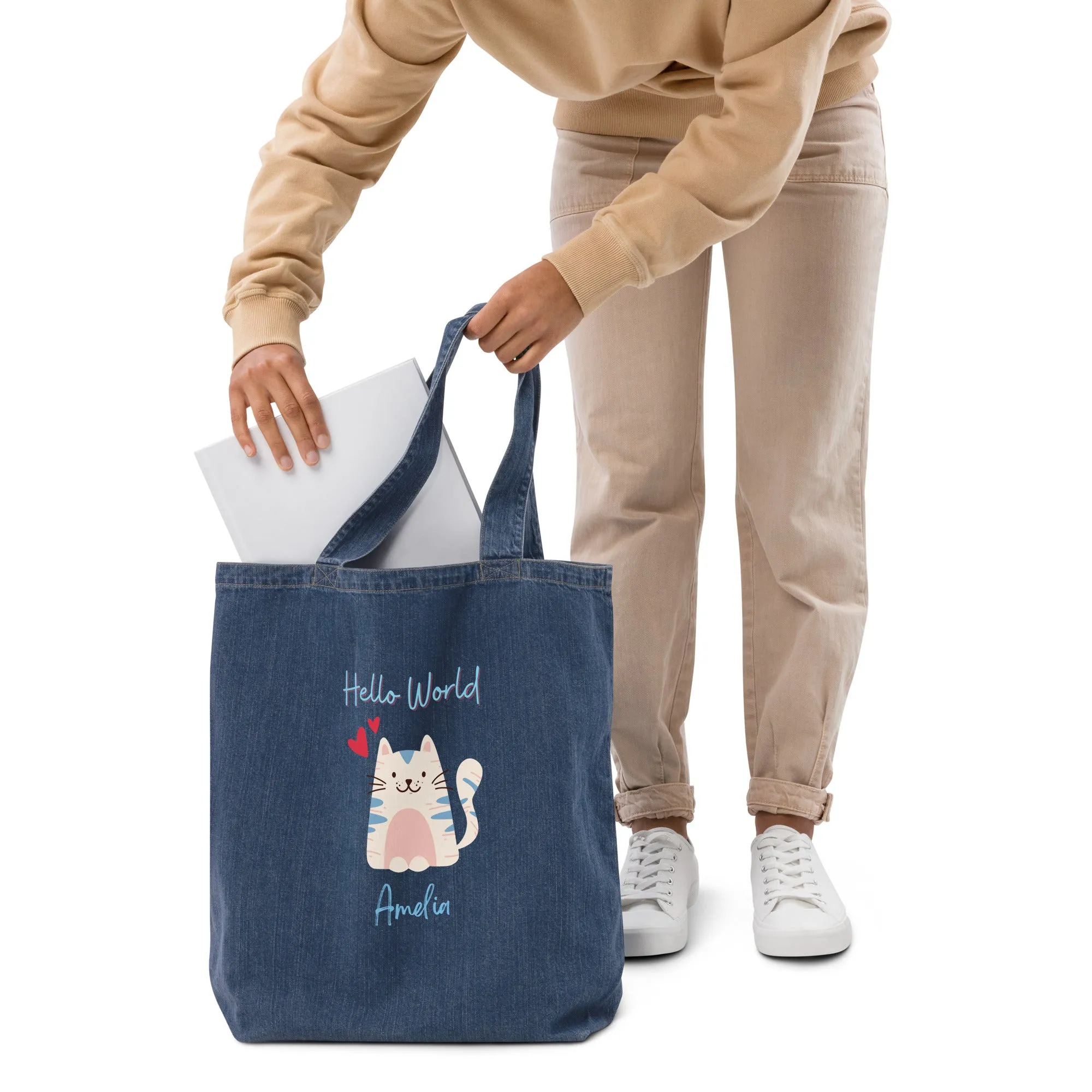 Organic denim tote bag, Hello World